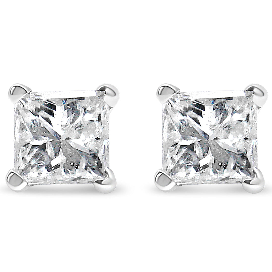 AGS Certified 14K White Gold 1.0 Cttw 4-Prong Set Princess-Cut Solitaire Diamond Push Back Stud Earrings (I-J Color, SI2-I1 Clarity)
