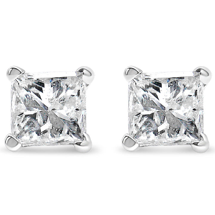 AGS Certified 14K White Gold 1.0 Cttw 4-Prong Set Princess-Cut Solitaire Diamond Push Back Stud Earrings (I-J Color, SI2-I1 Clarity)