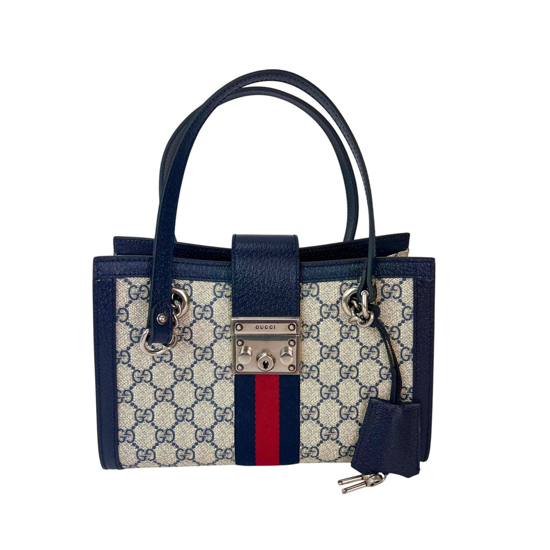Gucci GG Supreme Dollar Calfskin Web Small Padlock Navy Tote, luxury bags, pre-owned, excellent condition