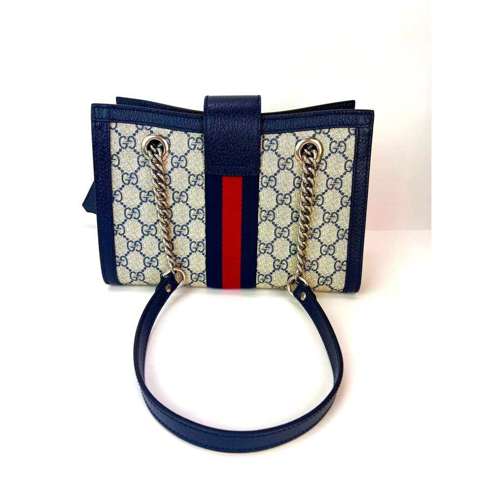 Gucci GG Supreme Dollar Calfskin Web Small Padlock Navy Tote, luxury bags, pre-owned, excellent condition.