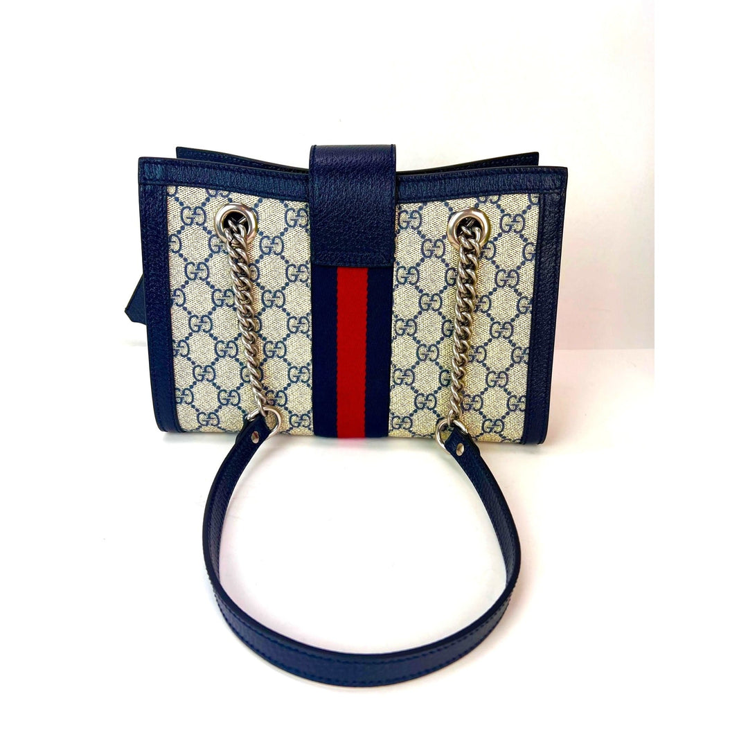 Gucci GG Supreme Dollar Calfskin Web Small Padlock Navy Tote, luxury bags, pre-owned, excellent condition.