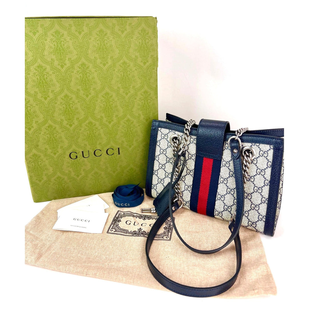 Gucci GG Supreme Dollar Calfskin Web Small Padlock Navy Tote with box and accessories