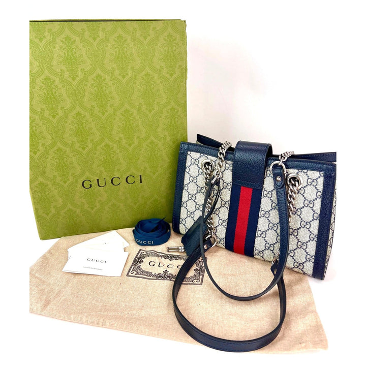 Gucci GG Supreme Dollar Calfskin Web Small Padlock Navy Tote with box and accessories