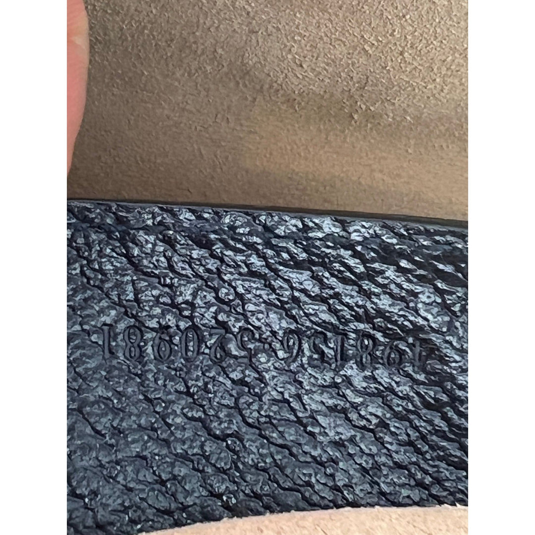 Authentic Gucci GG Supreme Dollar Calfskin Web Small Padlock Navy Tote inner label showcasing serial number.
