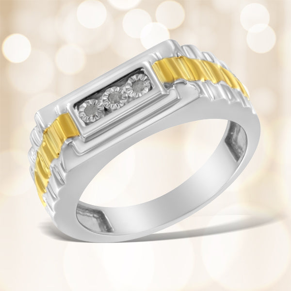 10K Yellow Gold Plated .925 Sterling Silver Diamond Accent Miracle-Set 3 Stone Ridged Band Gentlemen&