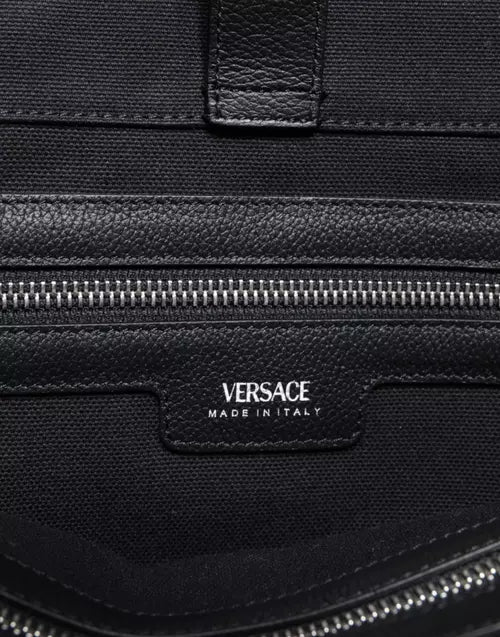 BOLSO DE COMPRAS DE LONA CON LOGOTIPO DE CUERO Y MANGO SUPERIOR NEGRO DE Versace
