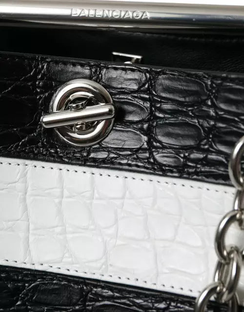 Balenciaga BLACK & WHITE STRIPED EXOTIC SKIN LEATHER MAXI BUCKET TOTE BAG