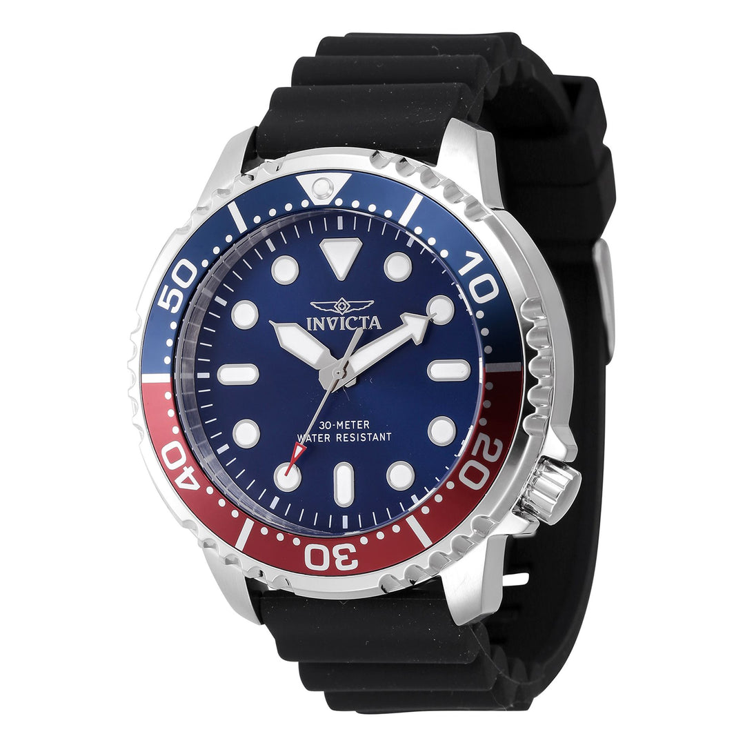 Invicta watch with black strap, blue and red face on white background