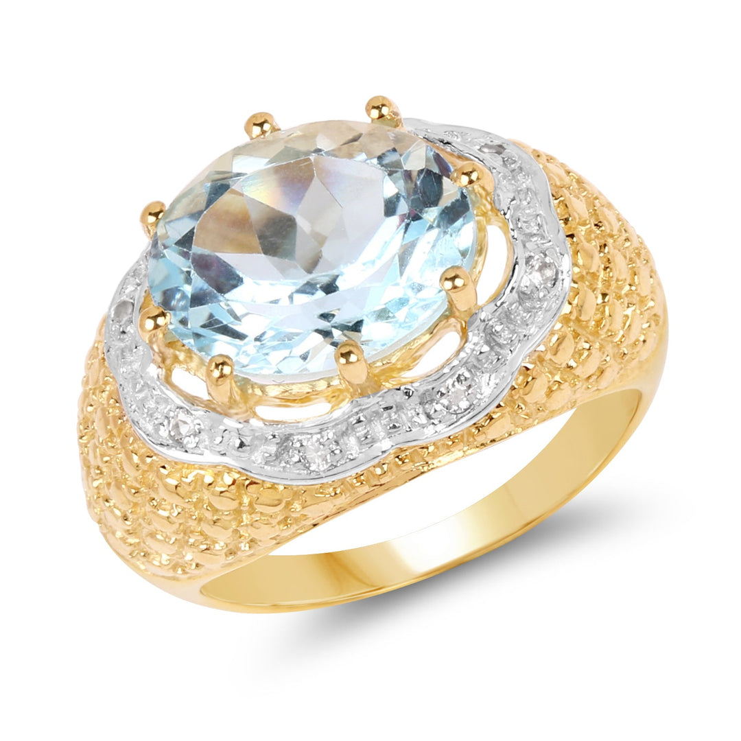 14K Yellow Gold Plated 5.27 Carat Genuine Blue Topaz &amp; White Topaz .925 Sterling Silver Ring