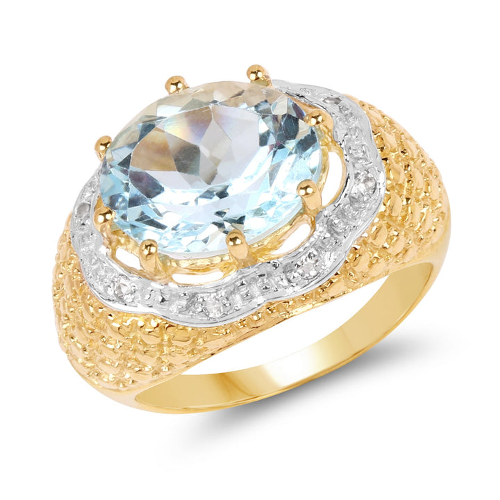 14K Yellow Gold Plated 5.27 Carat Genuine Blue Topaz &amp; White Topaz .925 Sterling Silver Ring