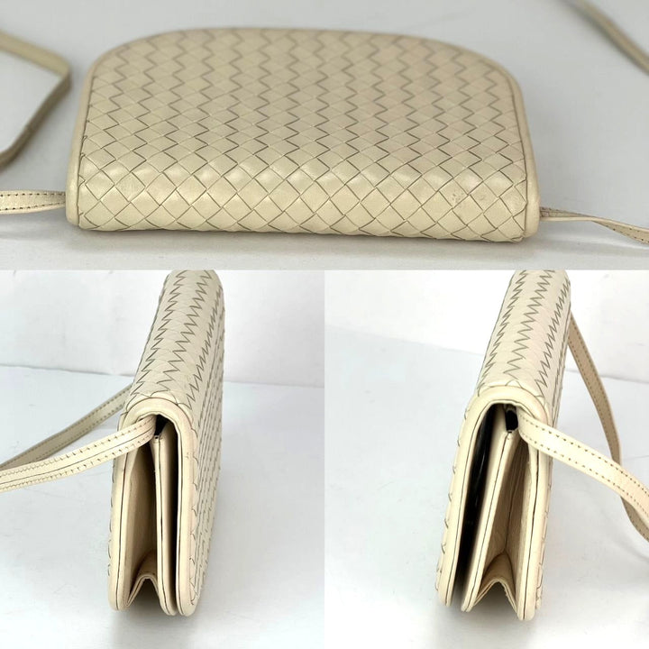 Bottega Veneta Intreciato white leather Shoulder Clutch Bag, luxury bag showcasing cream woven leather design.