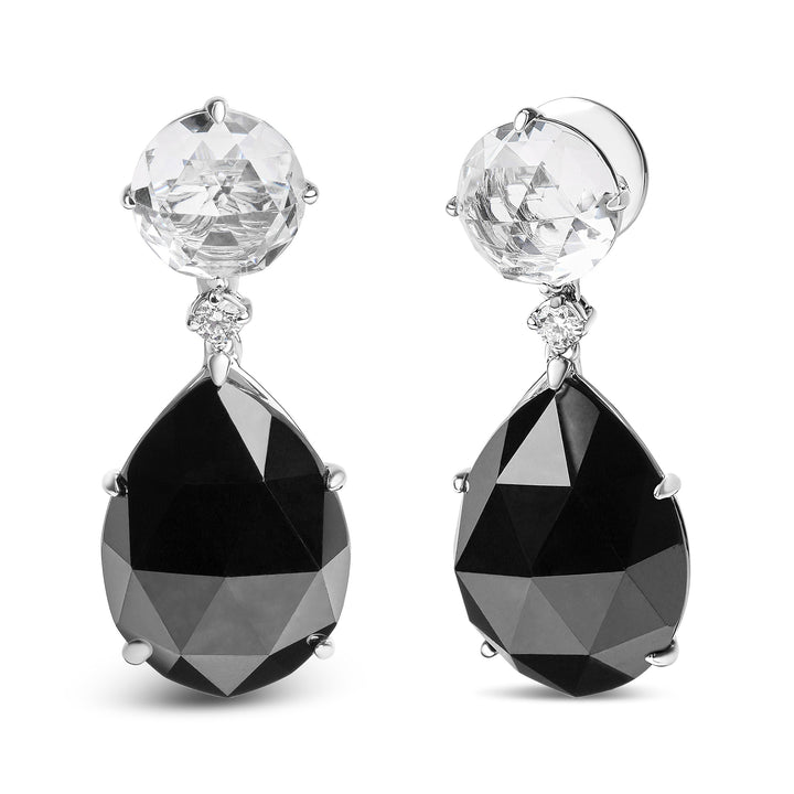 18K White Gold 1/5 Cttw Diamond with Round White Topaz and 20x15mm Pear Cut Black Onyx Gemstone Dangle Earring (G-H Color, SI1-SI2 Clarity)