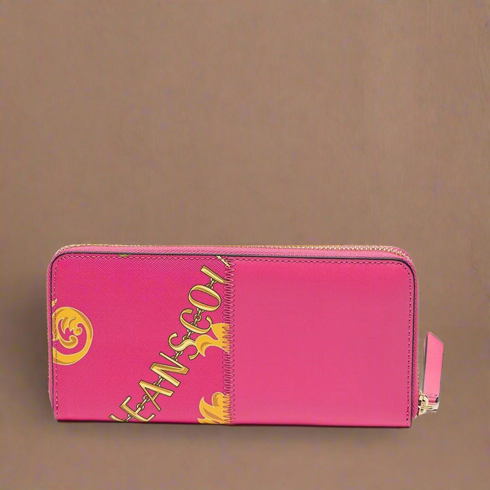Versace Jeans Wallet for women in bright pink, featuring gold emblem and synthetic material with zip fastening.