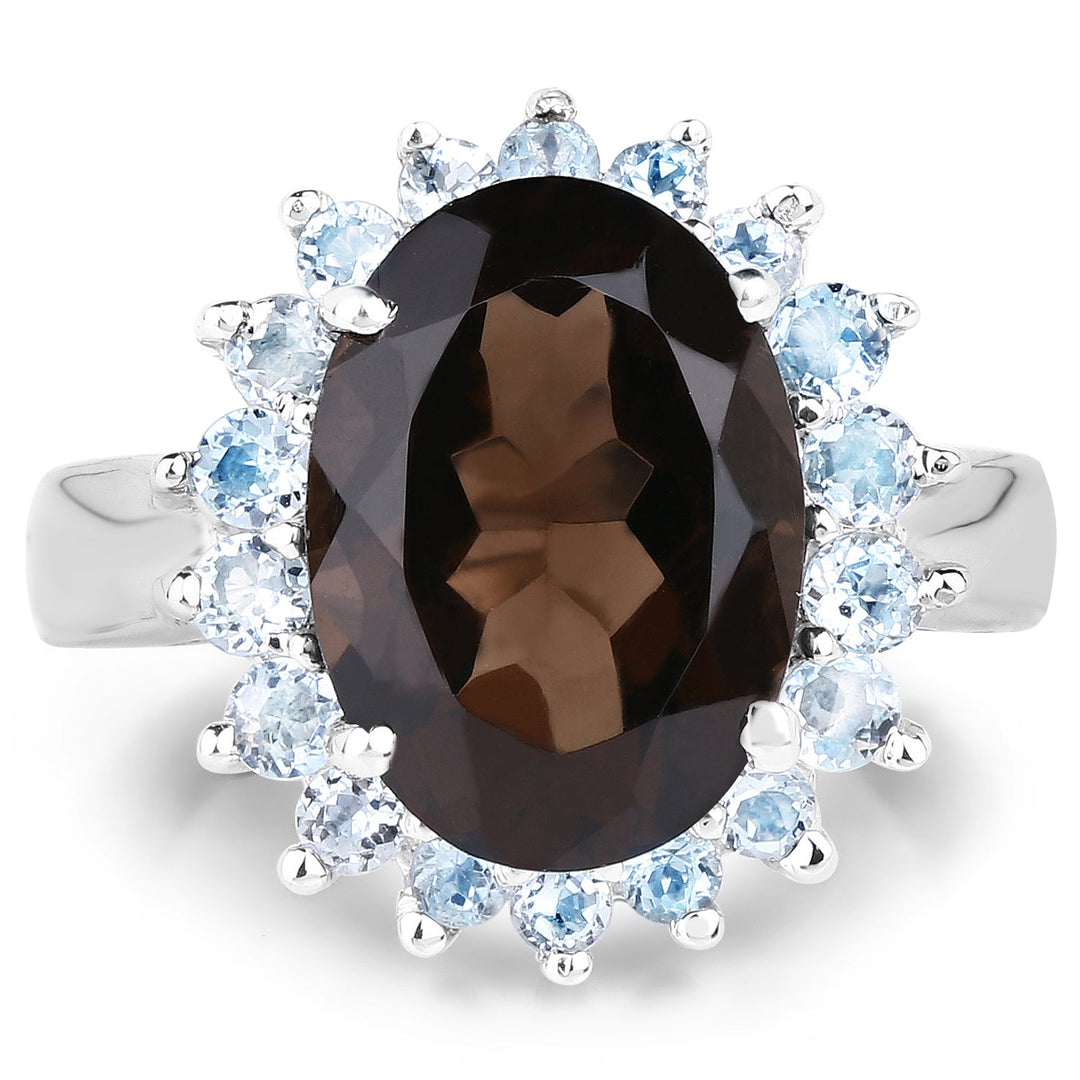 6.79 Carat Genuine Smoky Quartz & Blue Topaz .925 Sterling Silver Ring
