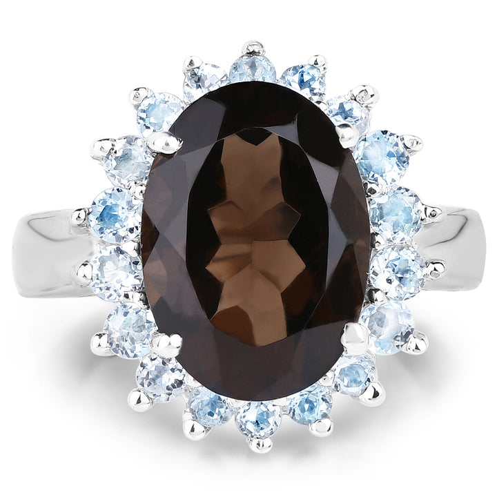 6.79 Carat Genuine Smoky Quartz & Blue Topaz .925 Sterling Silver Ring