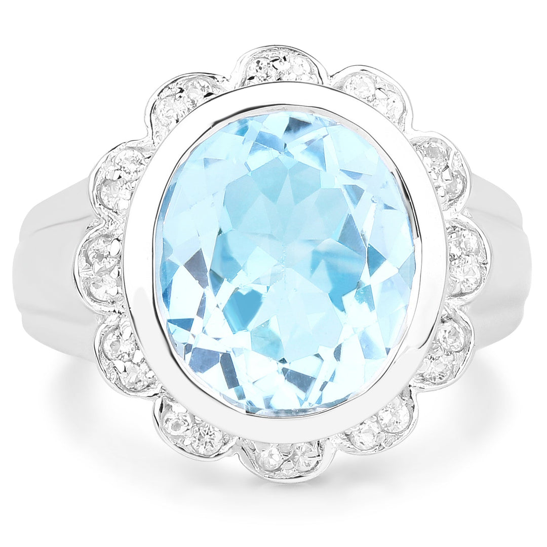 5.39 Carat Genuine Blue Topaz and White Topaz .925 Sterling Silver Ring