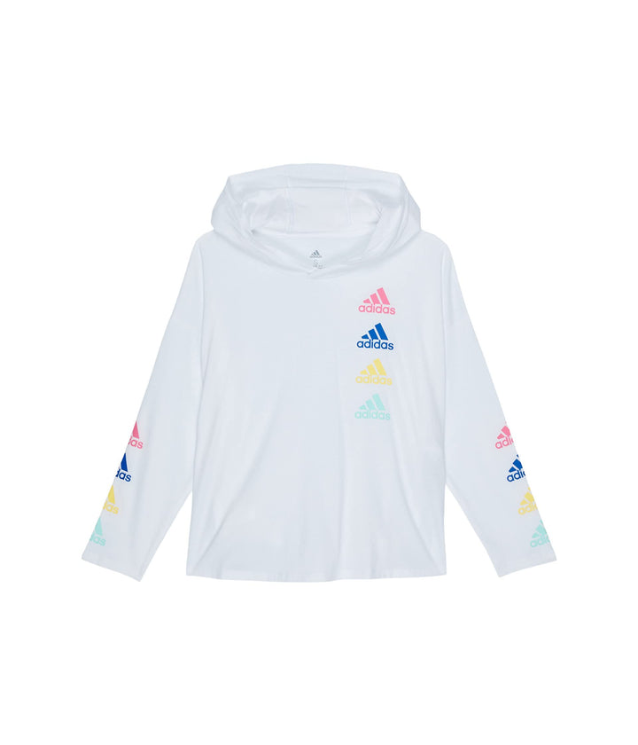 adidas Girls Big Long Sleeve Hooded Graphic Tee Multi Logo/White Large (14)