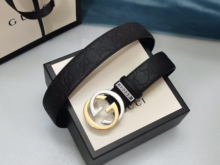 GUCCI Embellished coated-canvas and leather belt &