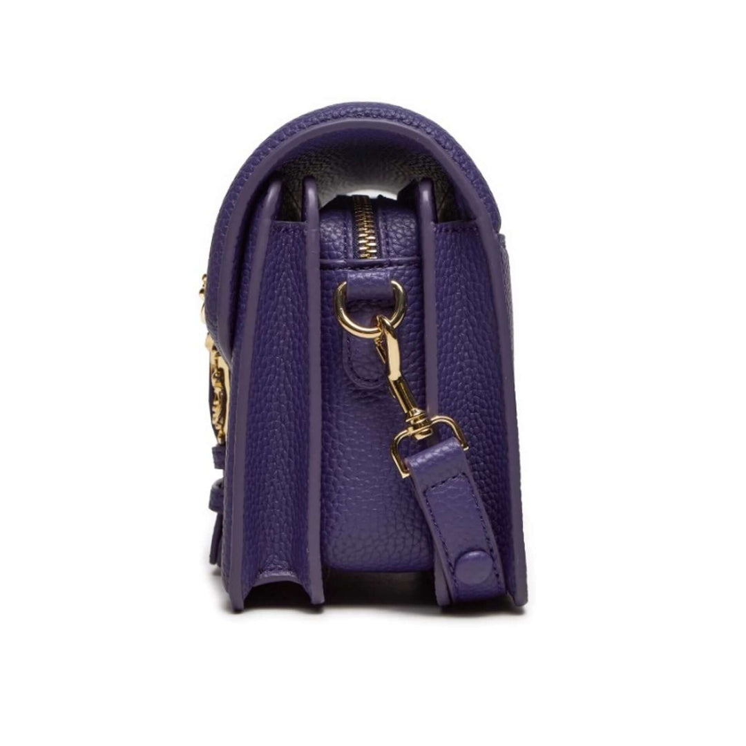 Purple handbag with gold hardware on a white background
