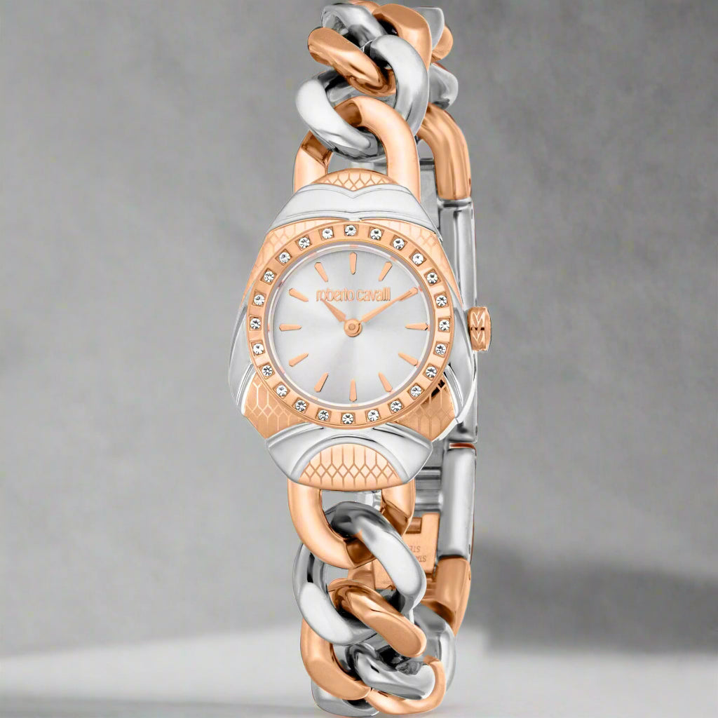 Roberto Cavalli women's rose gold & silver twisted bracelet Watches
