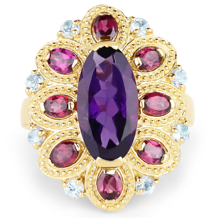 14K Yellow Gold Plated 6.80 Carat Genuine Amethyst, Rhodolite & Blue Topaz .925 Sterling Silver Ring