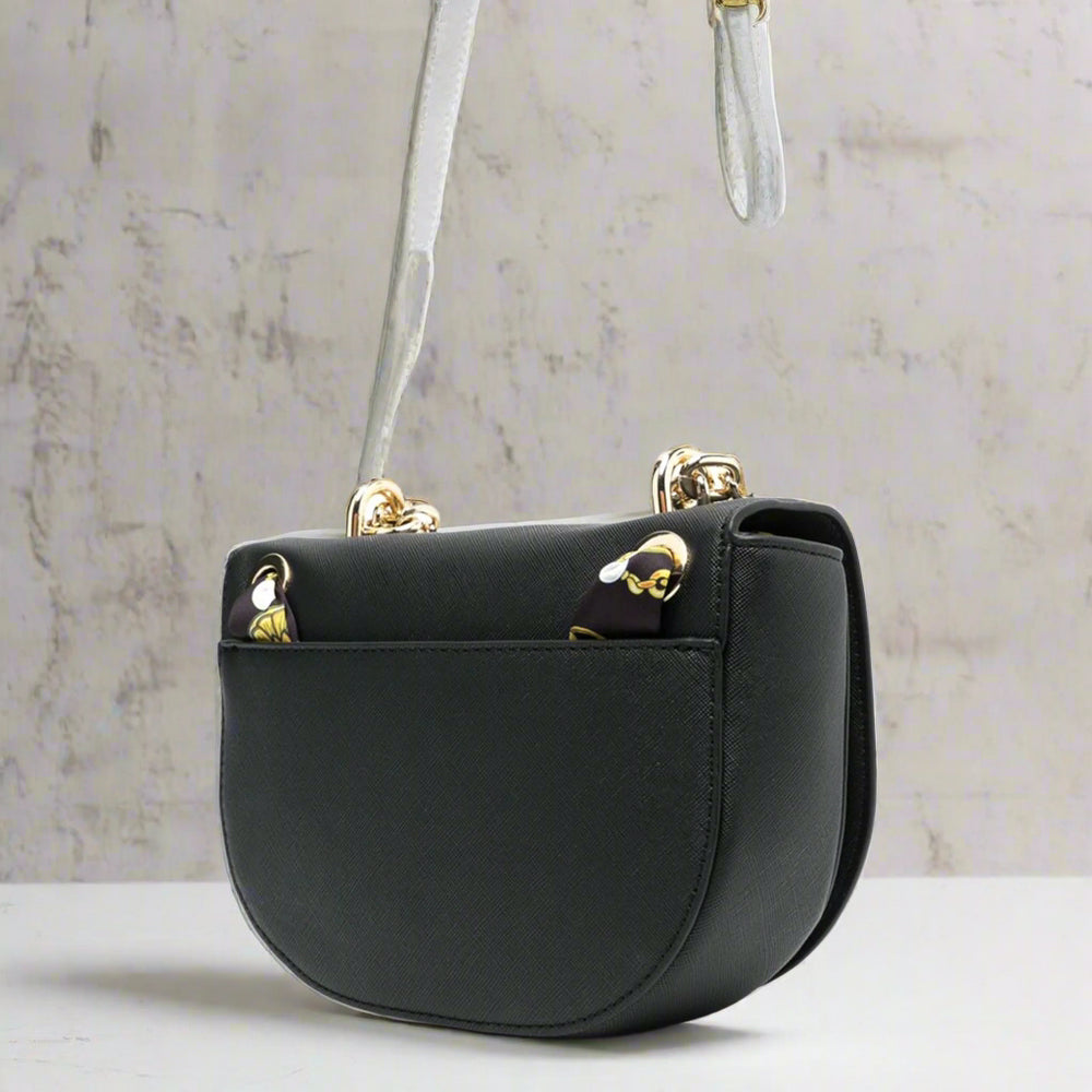 Versace Jeans crossbody bag in black synthetic leather with gold emblem and stylish shoulder strap.