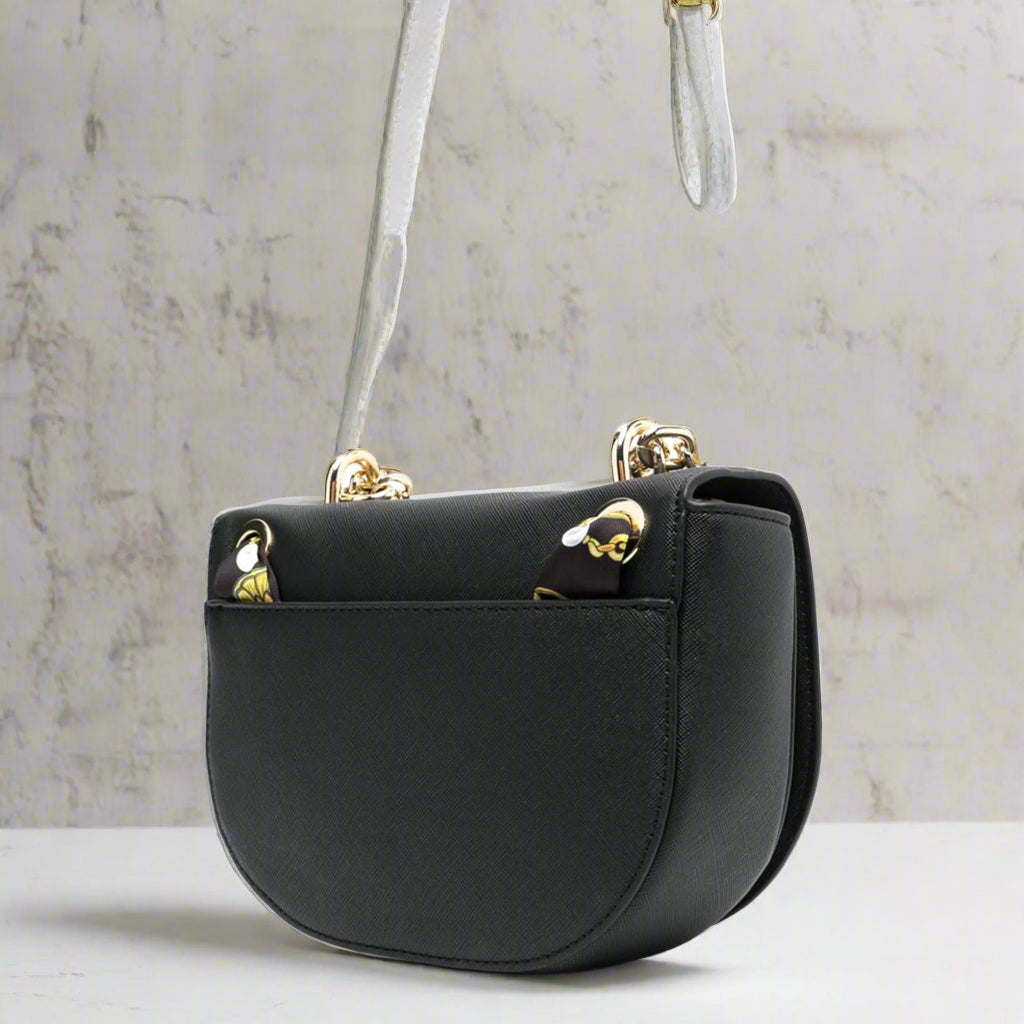 Versace Jeans crossbody bag in black synthetic leather with gold emblem and stylish shoulder strap.