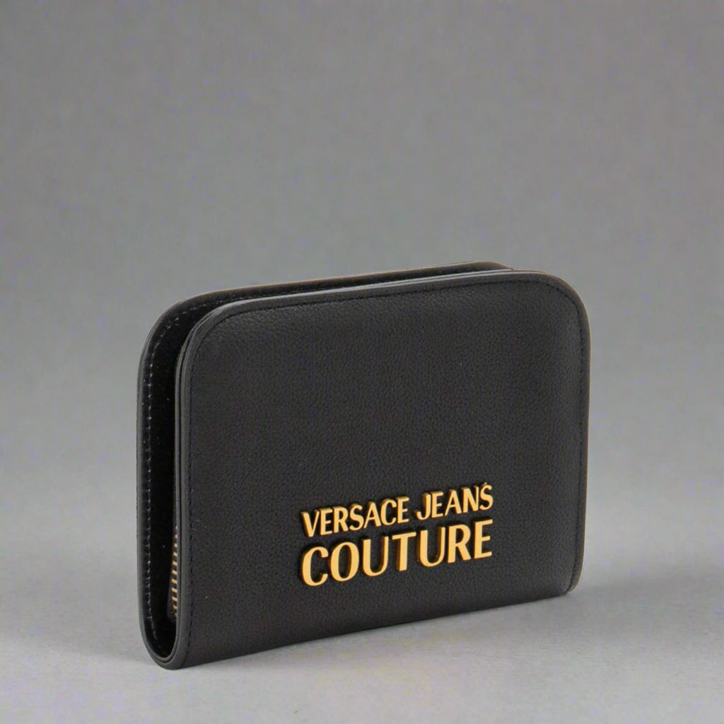 Versace Jeans Couture black wallet for women, featuring gold emblem, synthetic leather, zip fastening, compact design.