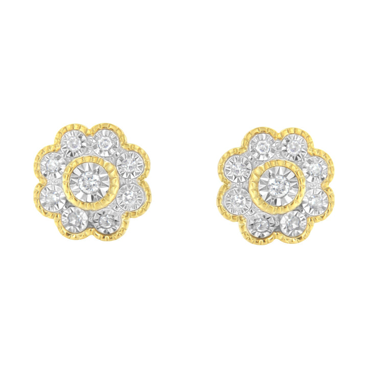 14K Yellow Gold Plated .925 Sterling Silver 1/6 Cttw Miracle-Plate Set Diamond Floral Stud Earrings (I-J Color, I2-I3 Clarity)