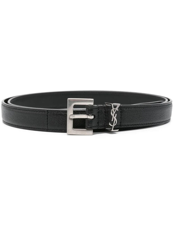 Saint Laurent Men Squared Buckle Smooth Leather Cassandre Thin Belt