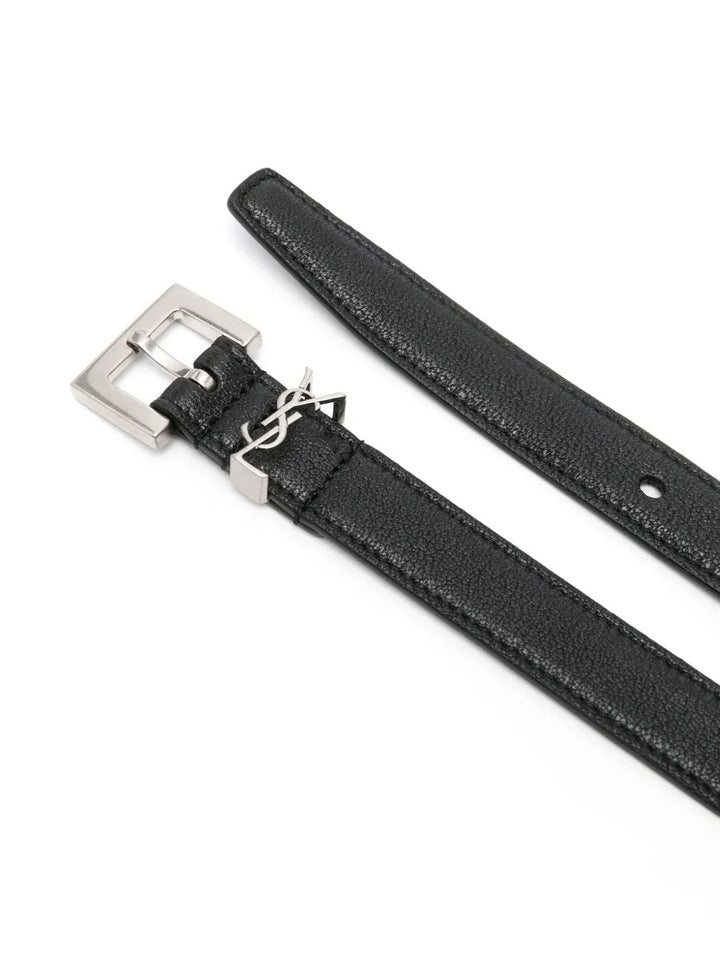 Saint Laurent Men Squared Buckle Smooth Leather Cassandre Thin Belt