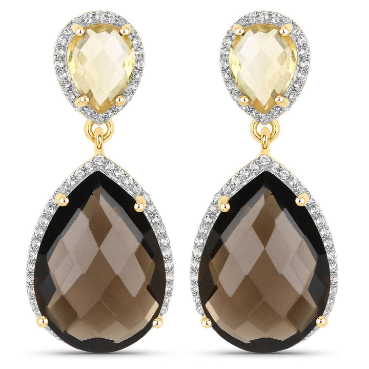 21.12 Carat Genuine Smoky Quartz, Citrine and White Topaz .925 Sterling Silver Earrings