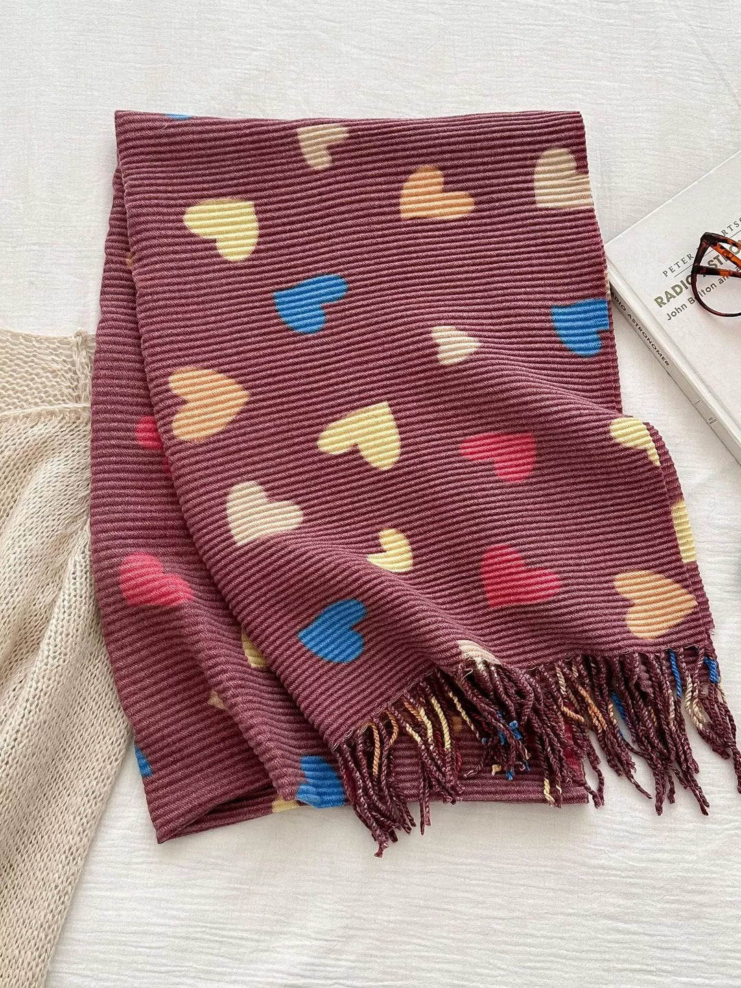 Heart Patterned Tassel Scarf
