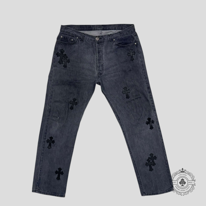 Chrome Hearts Levi Cross Patch Jeans in Black featuring rare Authentick cross patches, luxury denim in excellent condition.
