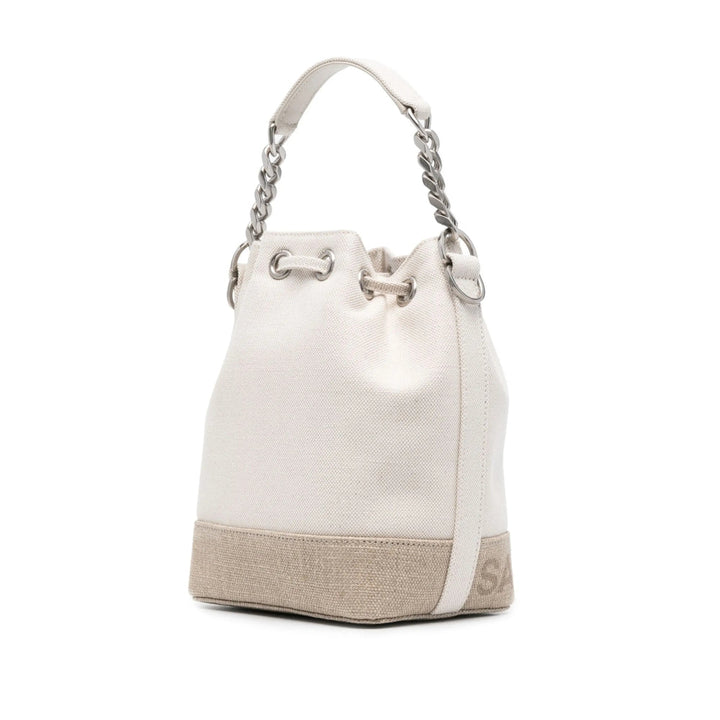 White bucket bag with beige base and chain handle on a white background