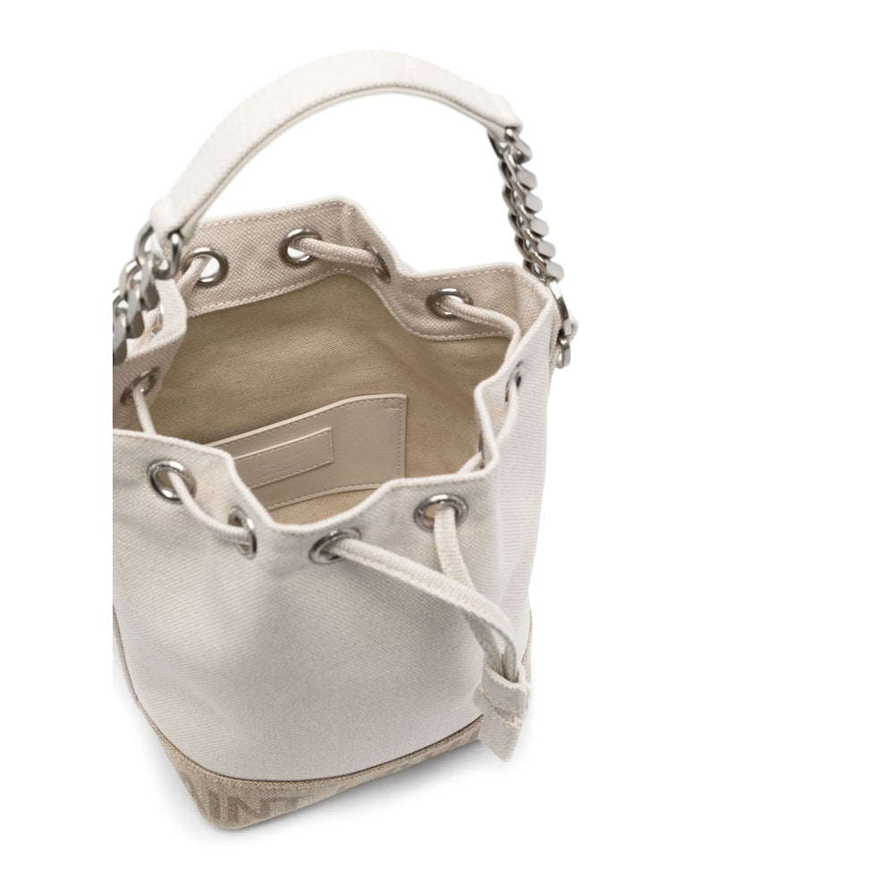 White bucket bag with chain details on a white background