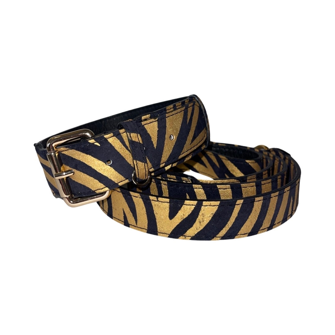 Black &amp; Gold Zebra Print Italian Leather Classic Collar &amp; Leash Set