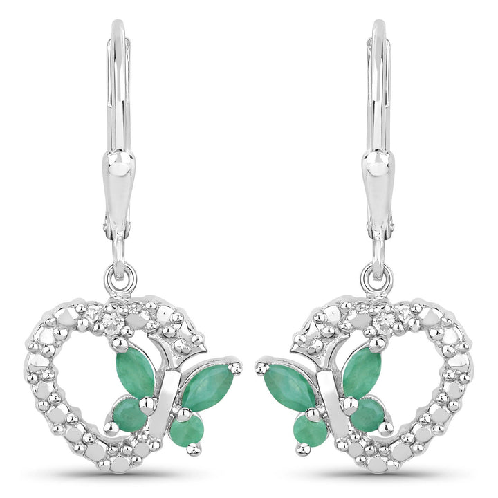 0.44 Carat Genuine Emerald and Created White Sapphire .925 Sterling Silver Earrings