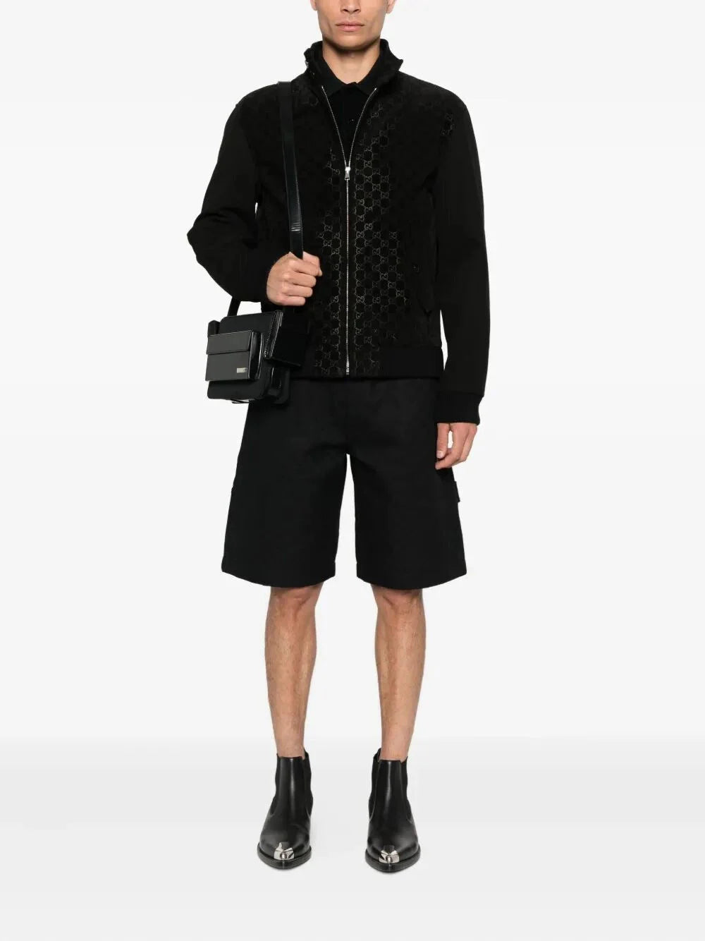 Gucci Men `Gg` Leather Bomber Jacket