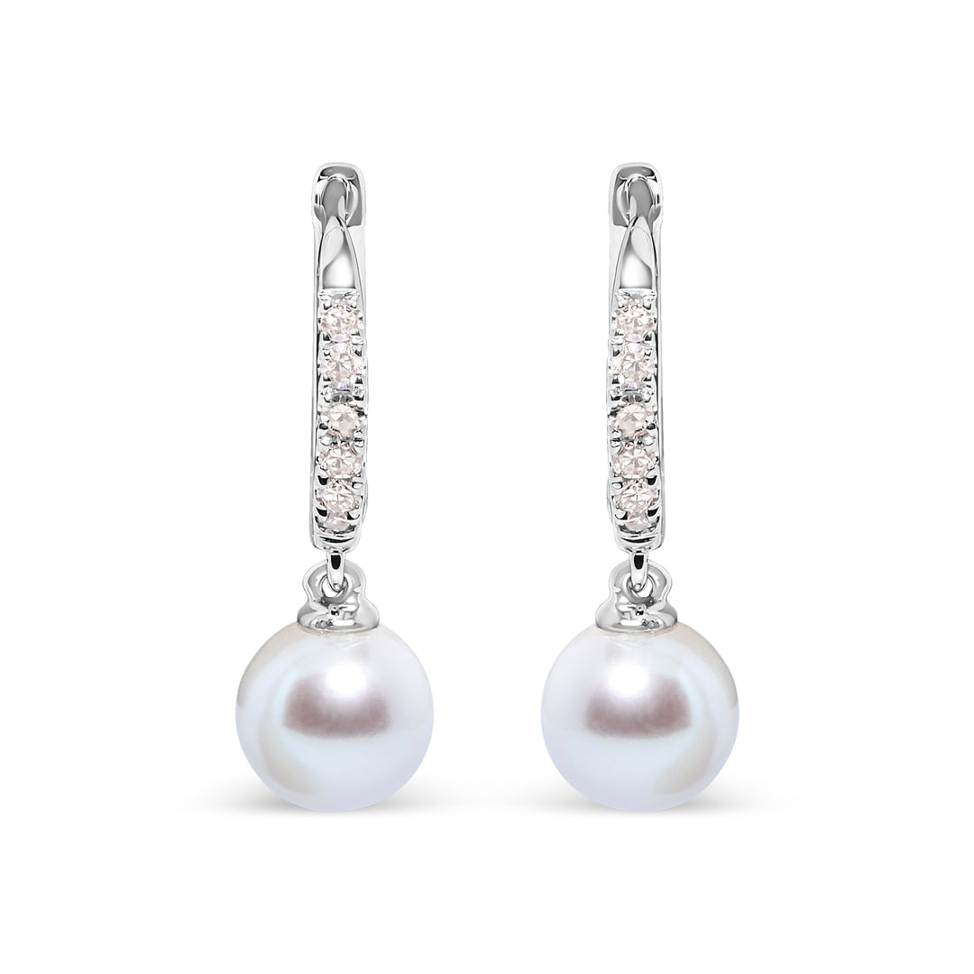 10K White Gold 6x6 MM Cultured Freshwater Pearl and Diamond Accent Drop Huggy Earring (H-I Color, I1-I2 Clarity)