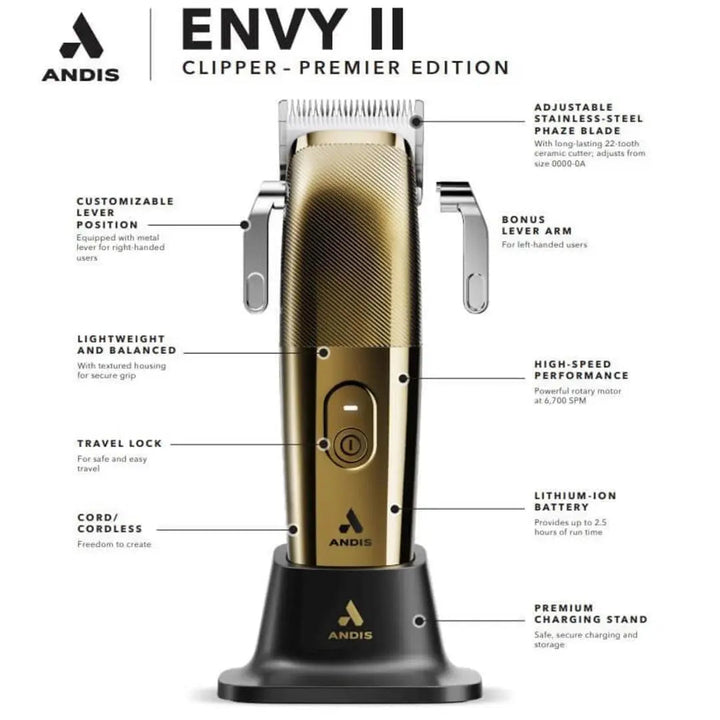 Andis Envy II Premier Clipper - Gold | Charging Stand | Phaze Blade- Lowest Price in Cart