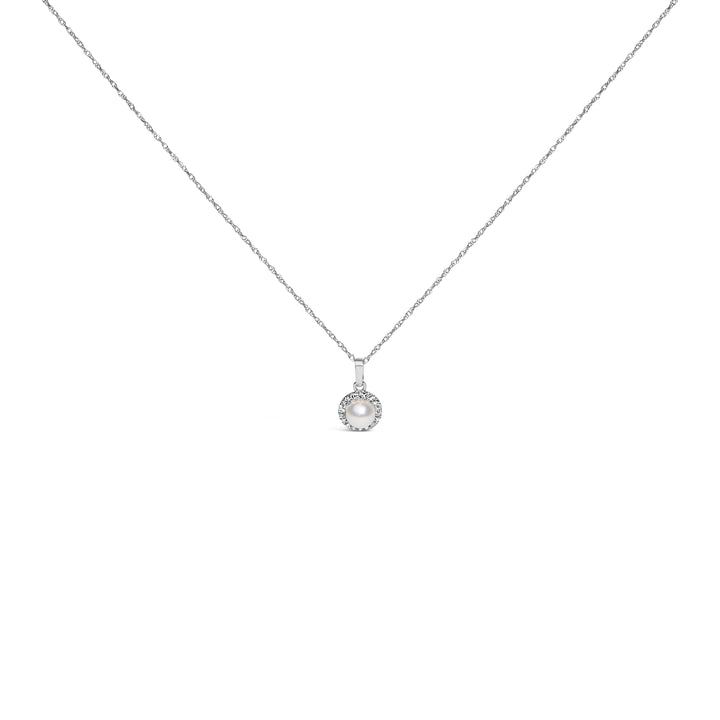10K White Gold 5MM Cultured Pearl and Diamond Accent Halo Pendant Necklace