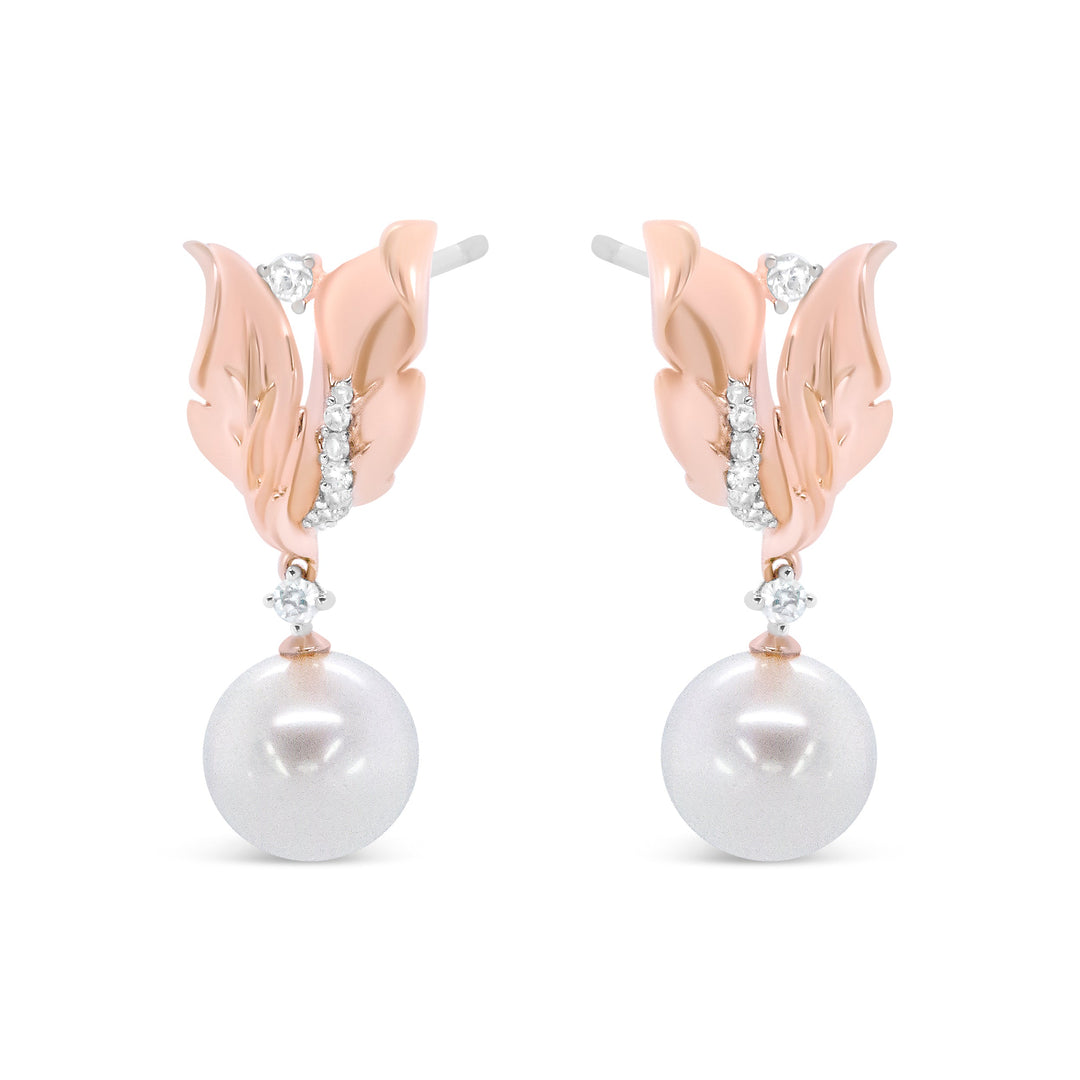 14K Rose Gold 1/6 Cttw Round Diamond and 8mm Round Pearl Floral Drop Stud Earrings (H-I Color, I1-I2 Clarity)