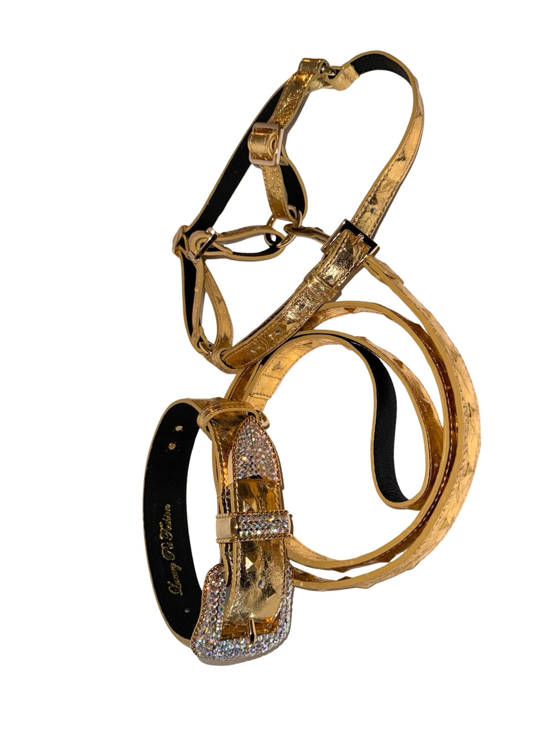 Glam Gold Embossed Studded Italian Leather Collar, Leash &amp; Harness Set With Our Custom Swarovski Crystal Buckle