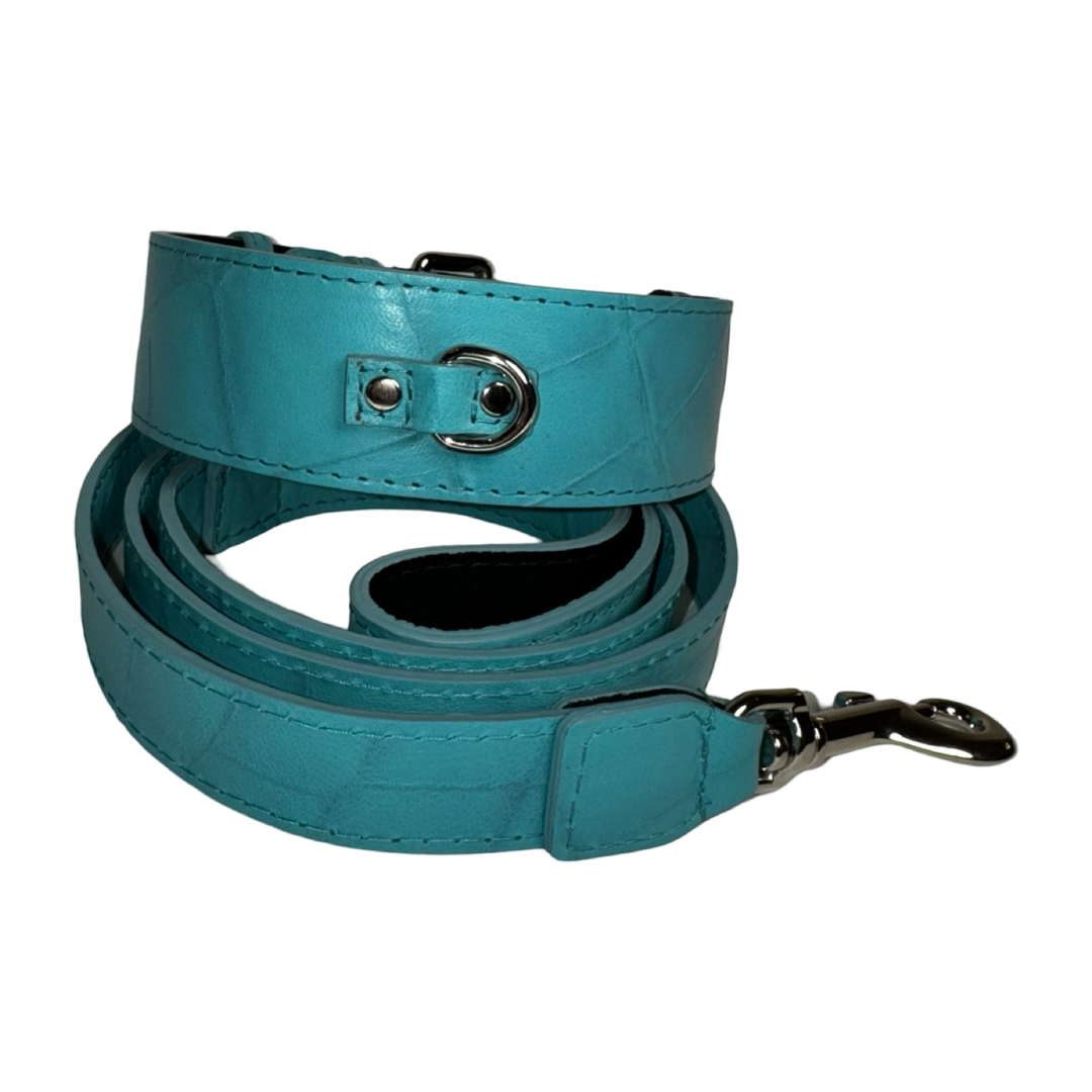 The Tiffany Collection. Gorgeous Turquoise Blue Embossed Croc Italian Leather Collar &amp; Leash Set, With Our Classic Silver Hardware.