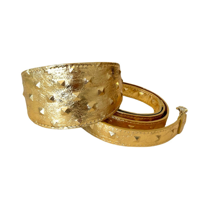 Glam Gold Embossed Studded Italian Leather 3” Wide Style Collar &amp; Leash Set