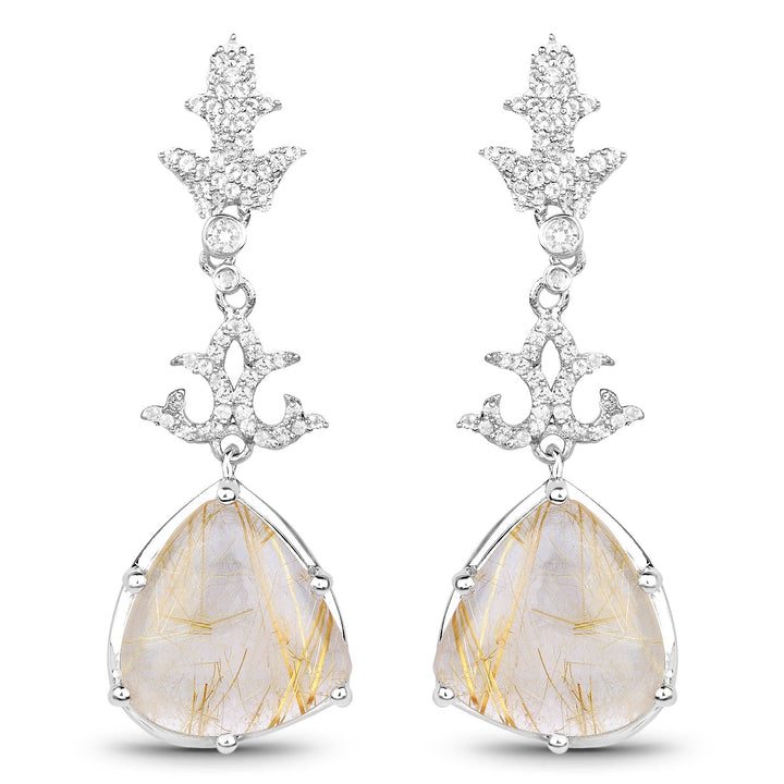 15.97 Carat Genuine Golden Rutile And White Topaz .925 Sterling Silver Earrings