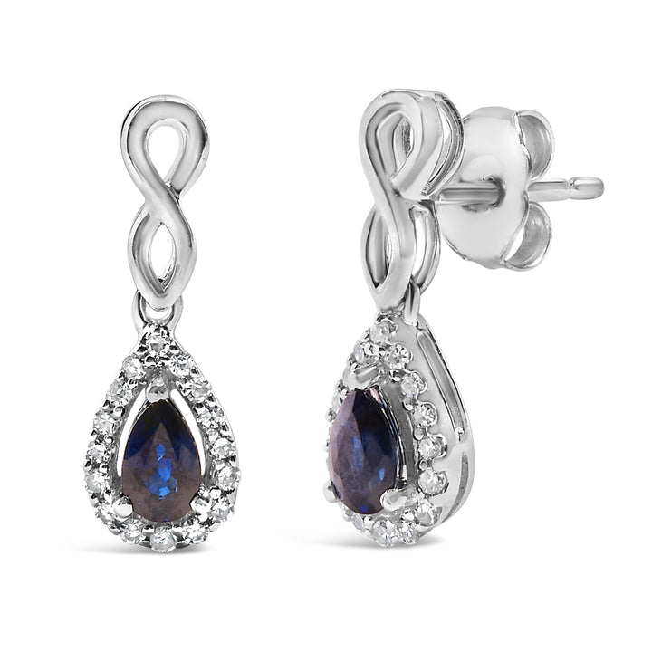 10K White Gold Pear Cut Blue Sapphire and 1/7 Cttw Diamond Infinity Drop and Dangle Earrings (I-J Color, I1-I2 Clarity)