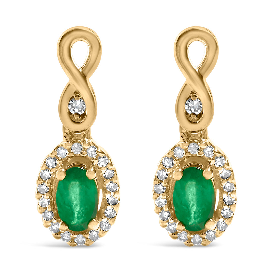 10K Yellow Gold Oval Cut Green Emerald 5x3 mm and 1/7 Cttw Round Diamond Dangle Earrings