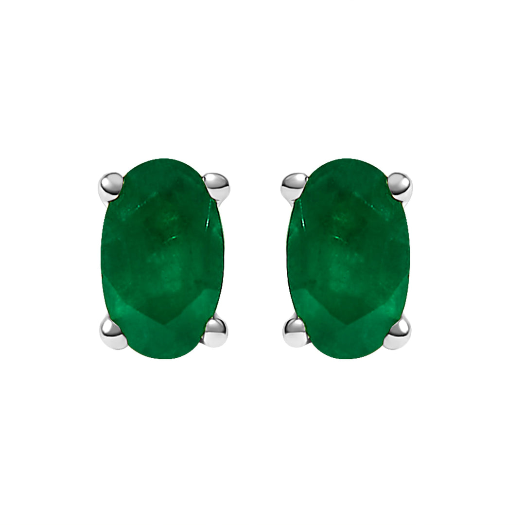 14K White Gold 5x3 MM Oval Green Emerald Solitaire Stud Earrings